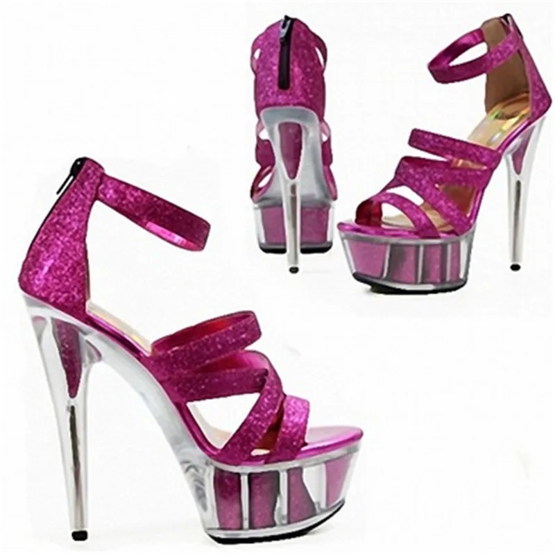 New style, beautiful transparent platform sequins upper heels, 15cm sexy model sandals, pole dancing shoes