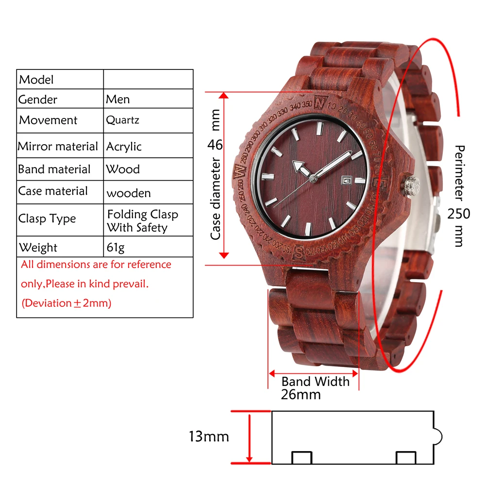 Минималистский Красное сандаловое дерево часы для мужской деревянный браслет наручные часы с календари функция для человека кварцевые