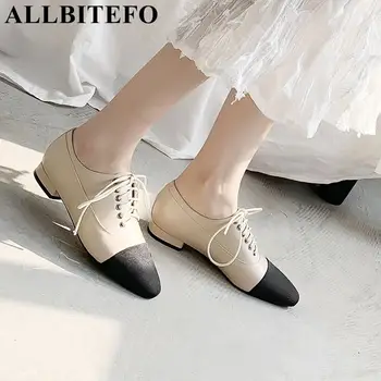 

ALLBITEFO fashion soft genuine leather women heels shoes Spring leisure girls low heel shoes mixed color office work shoes woman