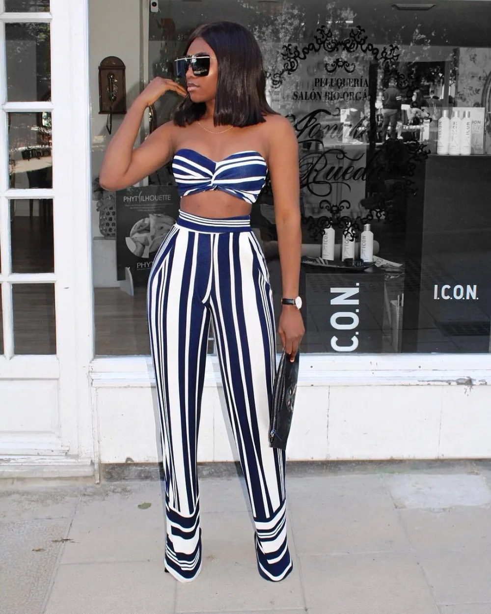 

VAZN Top Quality High Design 2018 Beach Style 2 piece Women Set Striped Strapless Mini Tops Loose Full Length Chiffong Set J6018