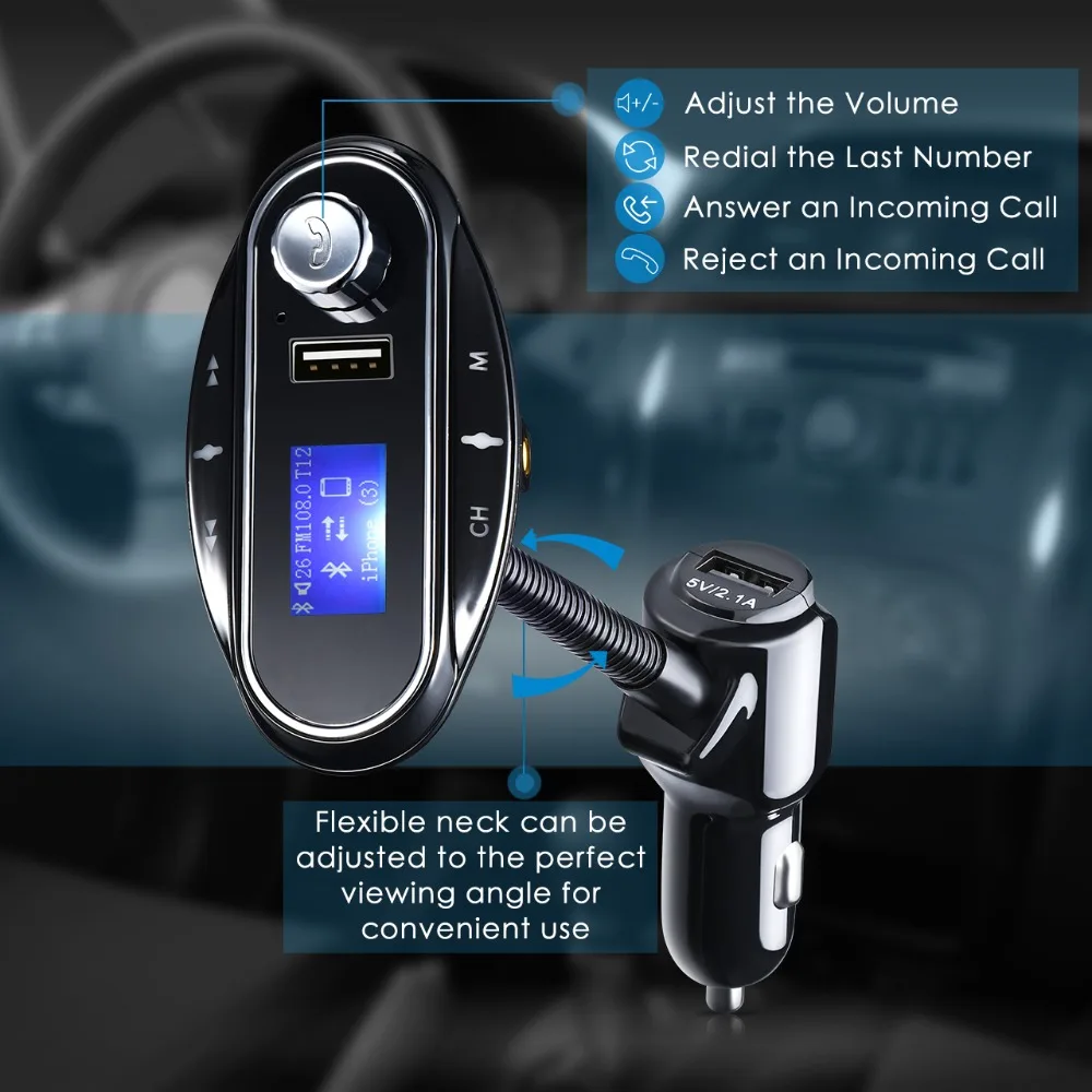 VicTsing Bluetooth FM Transmitter Wireless In-Car Radio Adapter Hands-free Car Kit with TF U-Disk Port AUX Input USB Car Charger (5)
