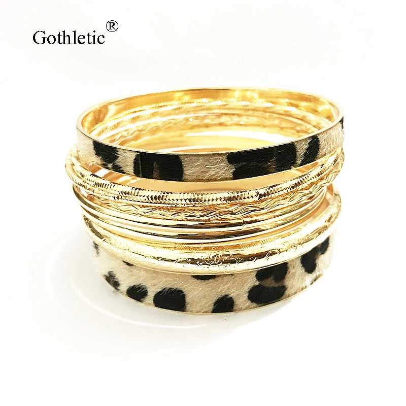 

Gothletic 10pcs/Lot 75MM Plus Size Gold-color Bracelets & Bangles Multilayer Leopard Indian Bangle Set Women Fashion Jewelry