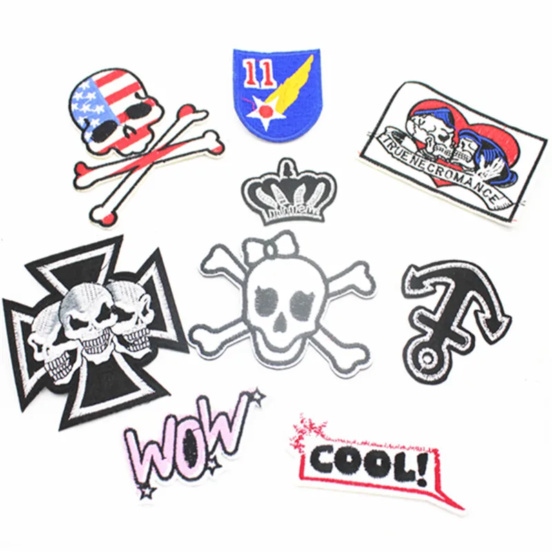 

Sewing Clothes Patch Iron On Embroidery Patches Hotfix Applique Motifs Sew On Garment Stickers smile face Skull head and other