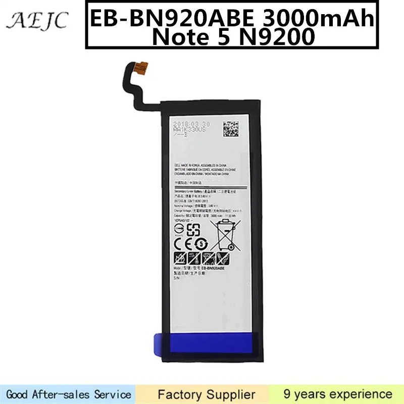 

EB-BN920ABE For Samsung Galaxy Note 5 Battery N9200 N920t N920c Note5 SM-N9208 N920P Phone Battery 3000mAh