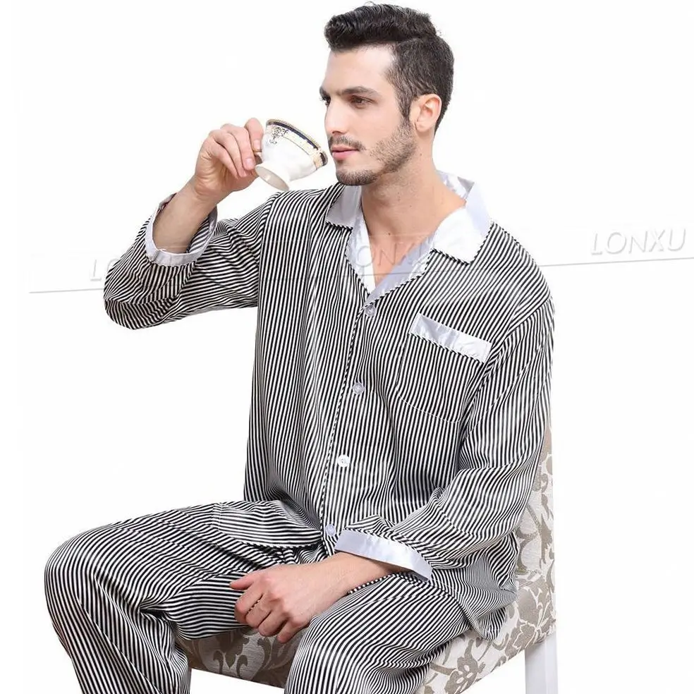 Мужские шелковые атласные пижамы комплект пижамы пижамный комплект пижамы Loungewear S~ 4XL полосатый_ на весь сезон