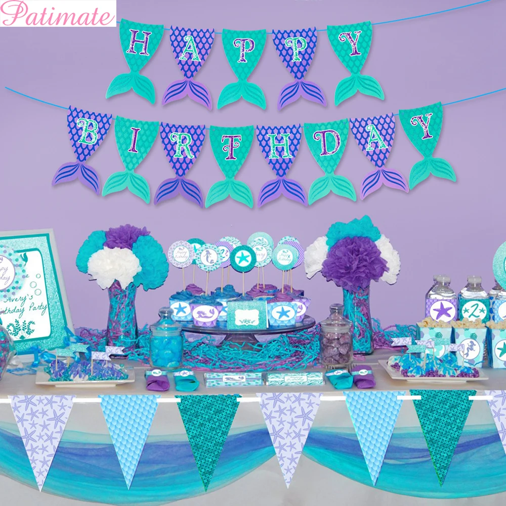 

PATIMATE Little Mermaid Party Supplies Happy Birthday Banner ONE Mermaid Banner Blue Balloons For Baby Shower Decorations