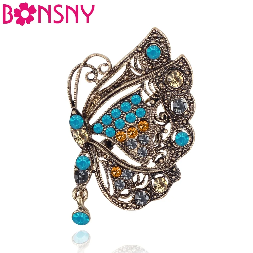 Женская брошь в форме бабочки Bonsny стразы насекомое виде античной бронзы