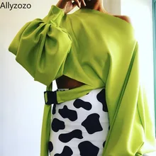 Allyzozo, свободная футболка с вырезом-лодочкой и рукавом-фонариком, топы, Повседневная Уличная одежда, неоновые зеленые топы, футболки