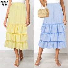 Женские юбки, женская летняя Осенняя Полосатая юбка с оборками, летняя Корейская элегантная юбка с высокой талией, длинная юбка M523