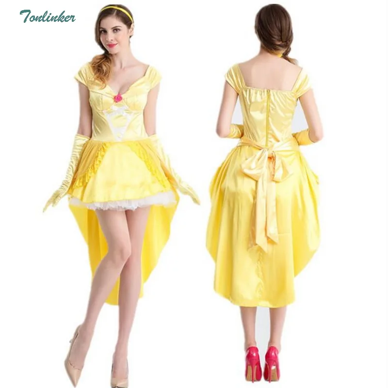 

Princess Belle Adult Women Hot Female Cosplay Costume Halloween Xmas Fairy Tale Cosplay Ball Gown Dress+gloves Vestido 2018 New