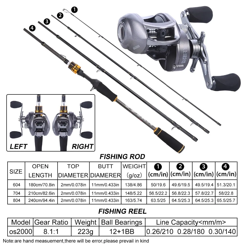 Sougayilang 4 Sections Fishing Lure Rod and Baitcasting Reel Combo Carbon Spinning Pole Casting Fishing Wheel Set 1.8m 2.1m 2.4m