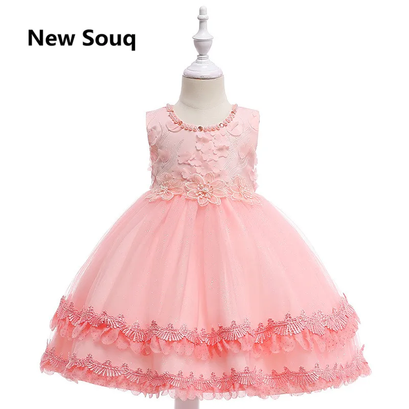 

Lovely Pink A-Line Flower Girl Dresses Pearls Beaded O Neck Applique Lace Girl Pageant Dress Kids Birthday Party Gowns