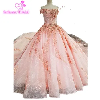 

2017 Real Photos Pink Ball Gown Wedding Dress Long Train Luxury Lace Appliques Flowers Beaded Scoop Wedding Bridal Dresses