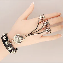 Men’s Women Charm Gothic Punk Boho Wolf Skeleton Bracelet Black Leather Rope Finger Chain Bangle Men Jewelry Gifts