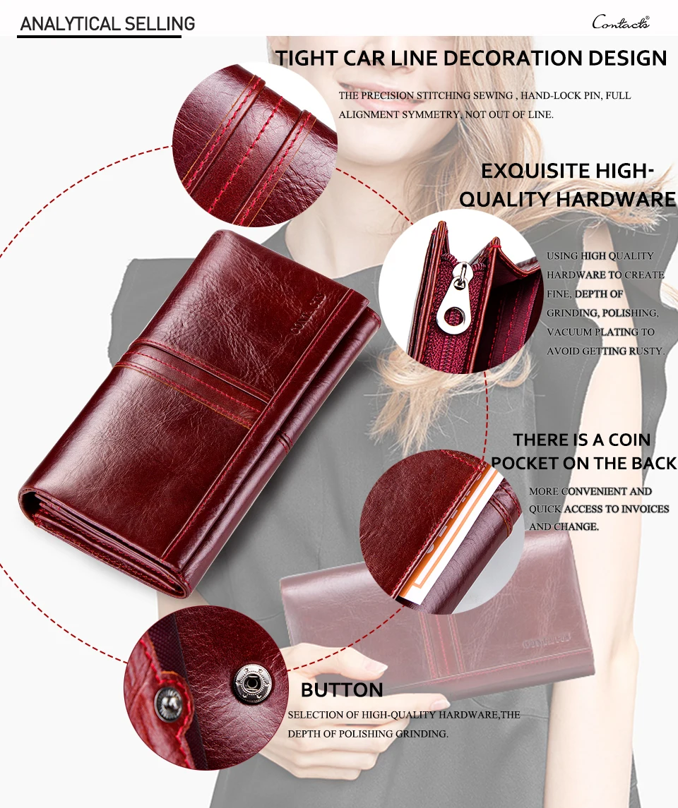 Contact's Genuine Leather Wallet Women Wallet Credit Card Holder Female Purse Organizer Walet Women Clutch Bag Red Green Long