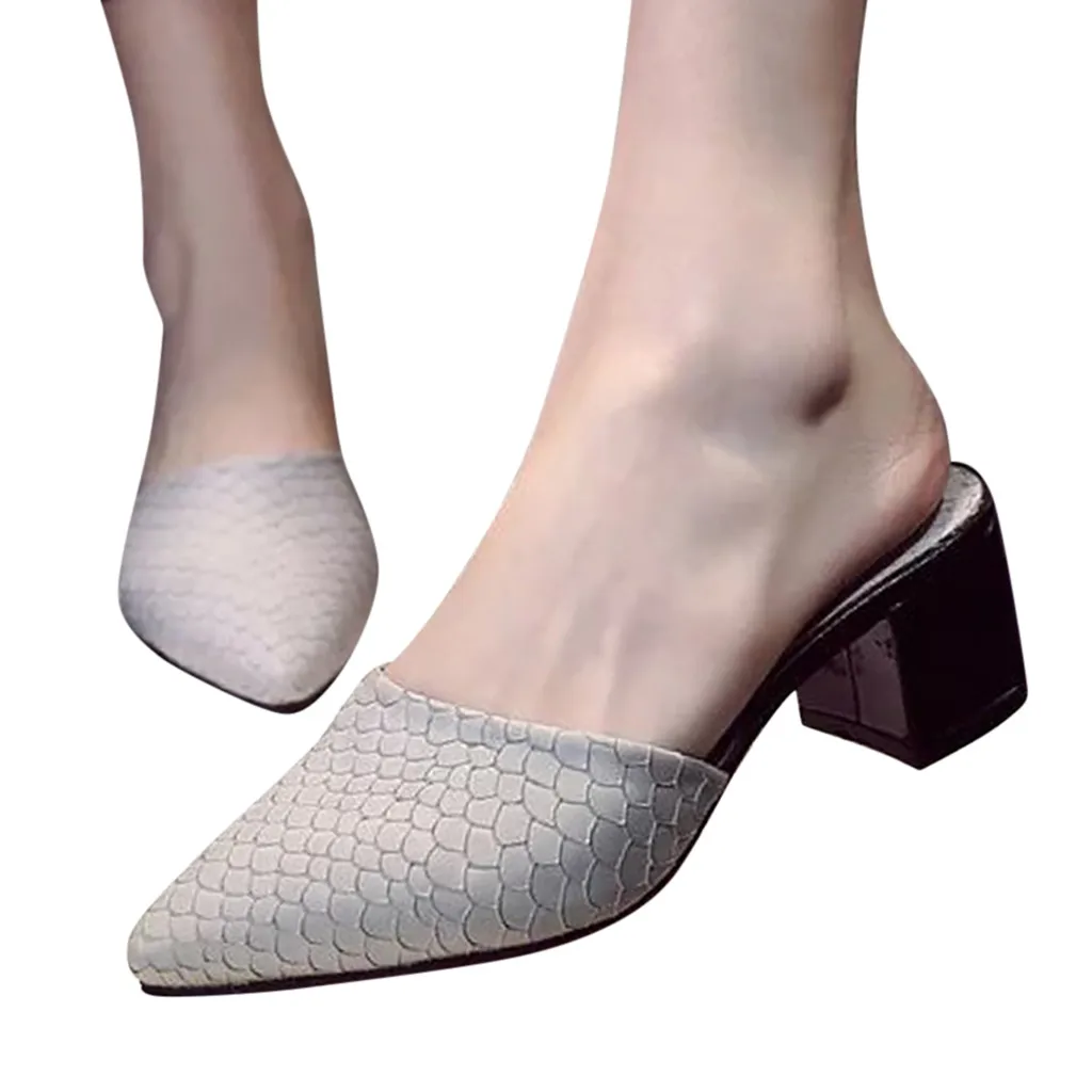 

Women's Ladies Fashion Comfortable Fish scale White Pink Black Point Toe Slipper Chunky High Heel Shoes Strapless Summer Sandals