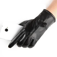 Женские настоящие перчатки из овечьей кожи Элегантные толстые теплые черные зимние перчатки с бантом мотоциклетные