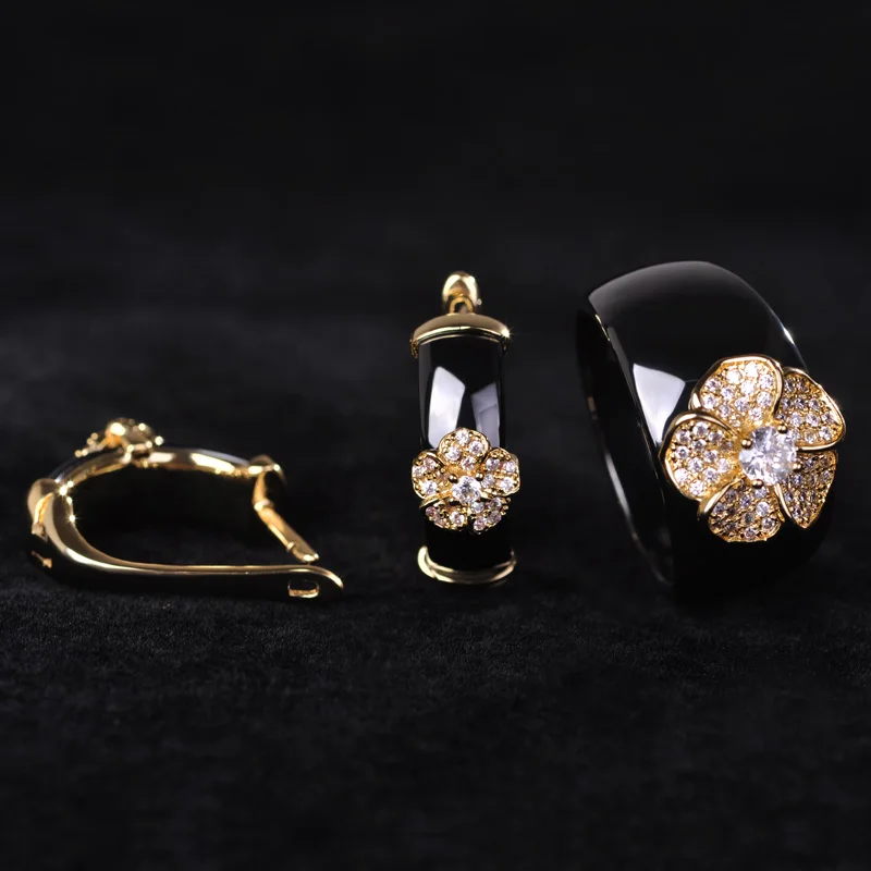 Čína styl černý kulatý zirkon keramické šperky sady náušnice růže květ prsten ženy zlato barva široký porcelán Oorbellen Joyas