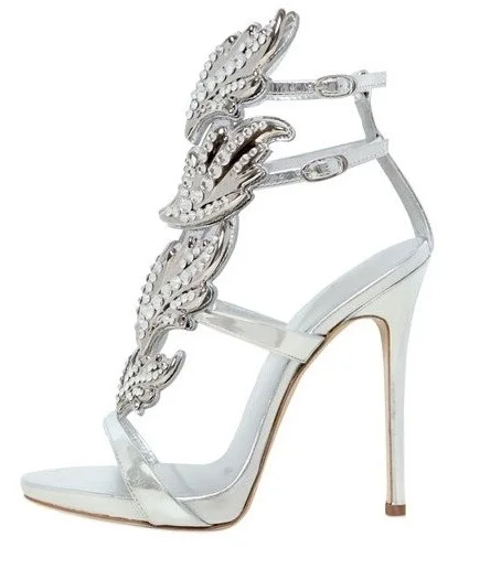 

Elegant Metallic Leather Crystal-embellished Wing Sandal High Covered Stiletto Heel Platform Summer Dress Shoes 2018 Woman Dress