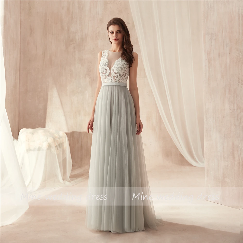 Decote em v Superior até o Chão Vestido de Noite Vestido de Baile Robe de Soiree Applique Branco Renda Tule Macio Ilusão Botão Voltar Longo 5 High Quality Casamentos e Eventos