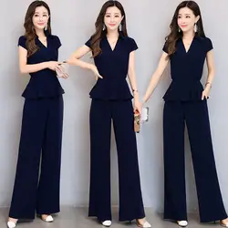Шифоновые широкие брюки корейская мода талия была тонкая v-образный вырез с коротким рукавом рубашка 2019 летняя новая женская одежда