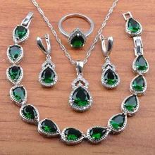 Молодой красивый женский костюм зеленый Цирконий 925 серебро 4 комплект ювелирных изделий висячие серьги/ожерелье/браслет/кольцо JS0324
