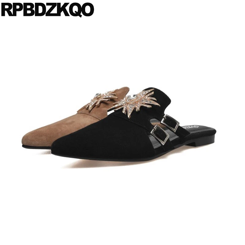 

Suede Flats Black Slippers Italian Rhinestone Sandals Ladies Mules Women Slides Brown Crystal Pointed Toe Designer Shoes China
