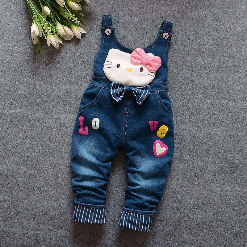 Комплект для маленьких девочек на весну и осень с милым рисунком кота, футболка с длинными рукавами+ джинсовый комбинезон, комплект из двух предметов для малышей