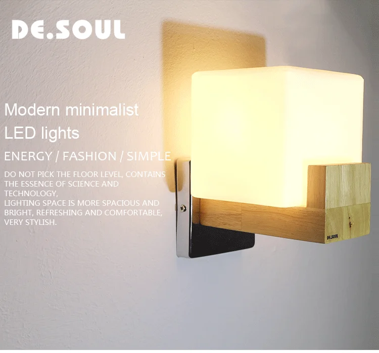 DE.SOUL Japan Style Modern Oak Wood Wall Lamps Cube Sugar Lampshade Bedroom Bedside Wall Light Home Wall Sconce 110-220V_02