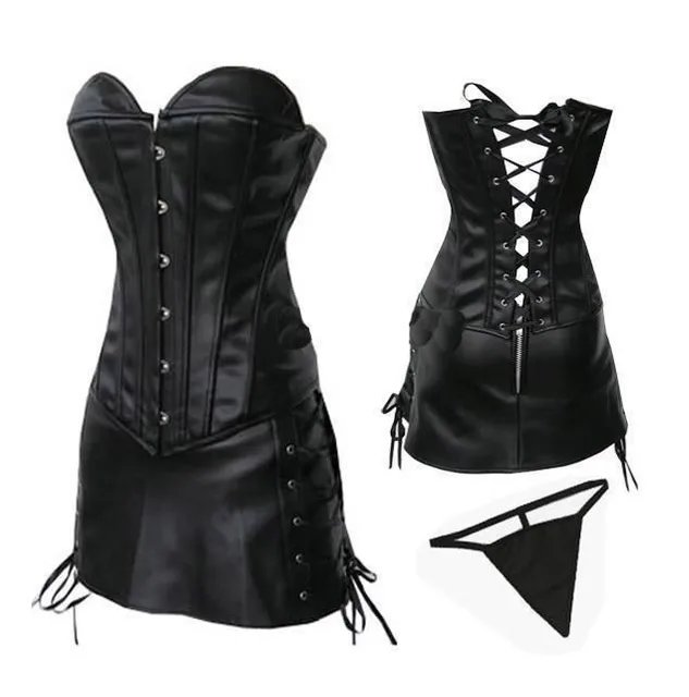 Hot Lady Sexy Boned Leather Corset Bustier Basques+Skirt+Thong Fancy Dress Red/Black Beauty