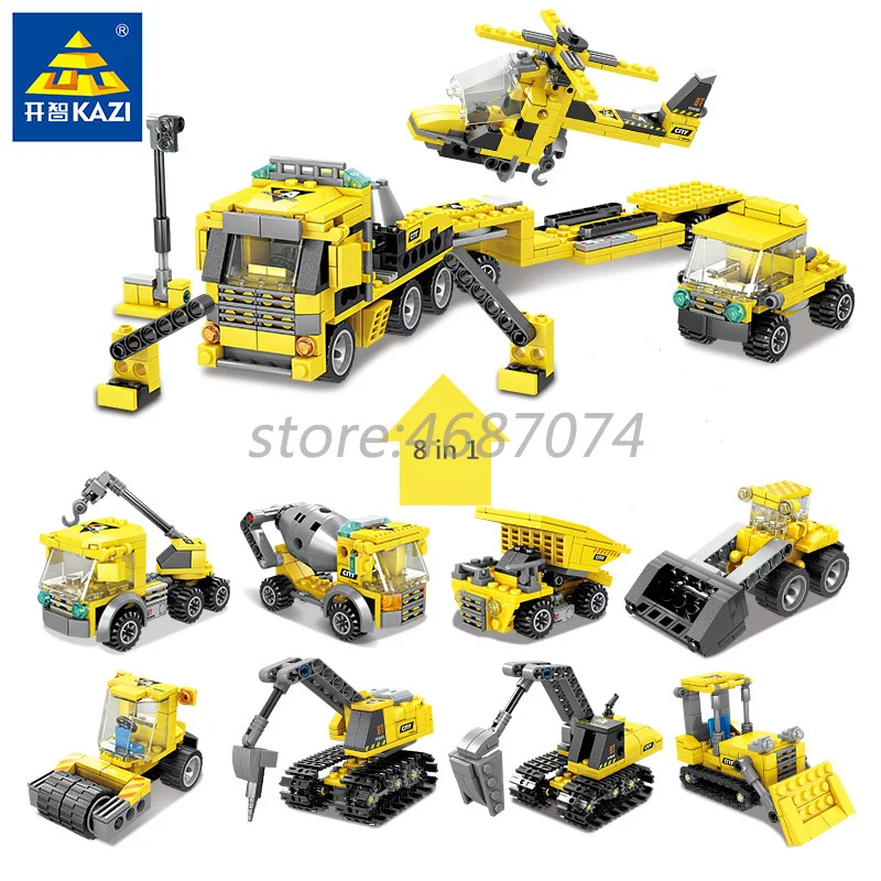 

8in1 City Construction Building Blocks Kids Toy Excavator Mixer Forklift Truck Roller Assembly Bricks Model