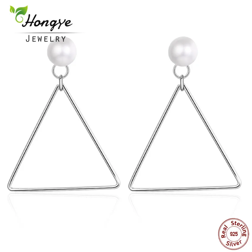 

Hongye 2018 New Triangle Dangle Earrings Women 100% Genuine Natural Freshwater Pearl 925 Sterling Silver Jewelry Birthday Gift