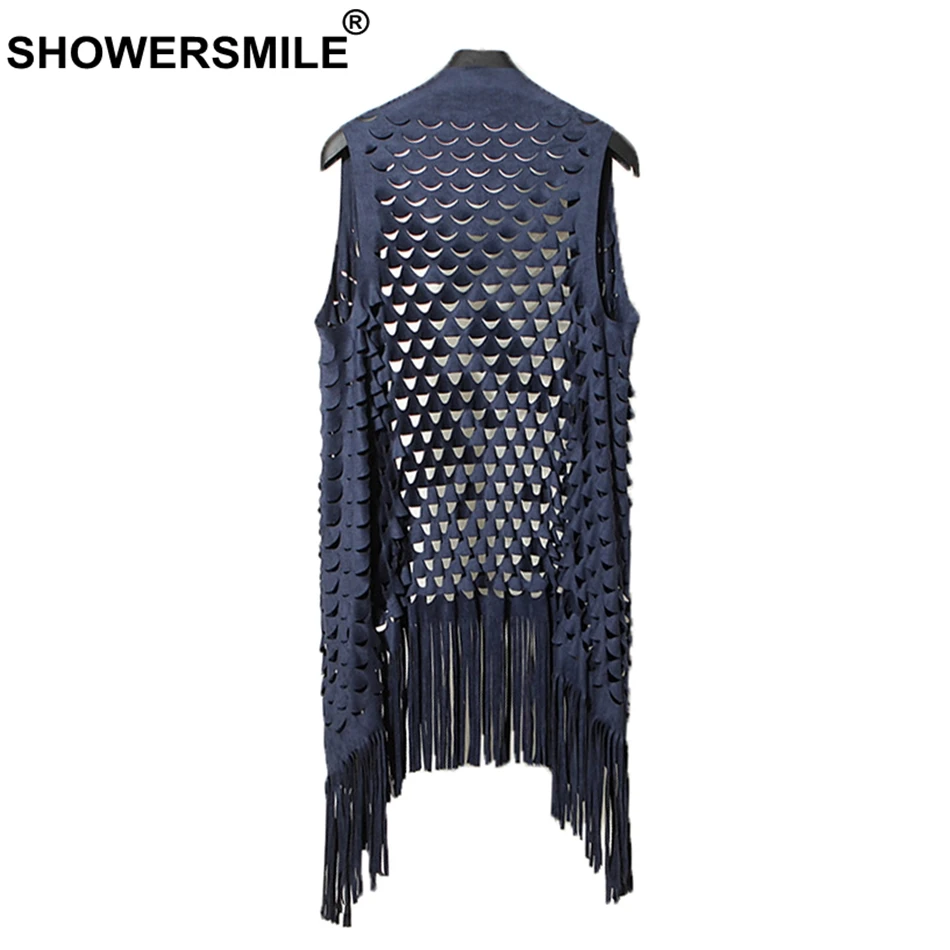 SHOWERSMILE Hollow Out Vest Women Spring Long Sleeveless Jacket Female Navy Outwear Suede Soft Elegant Tassel Ladies Plain Gilet