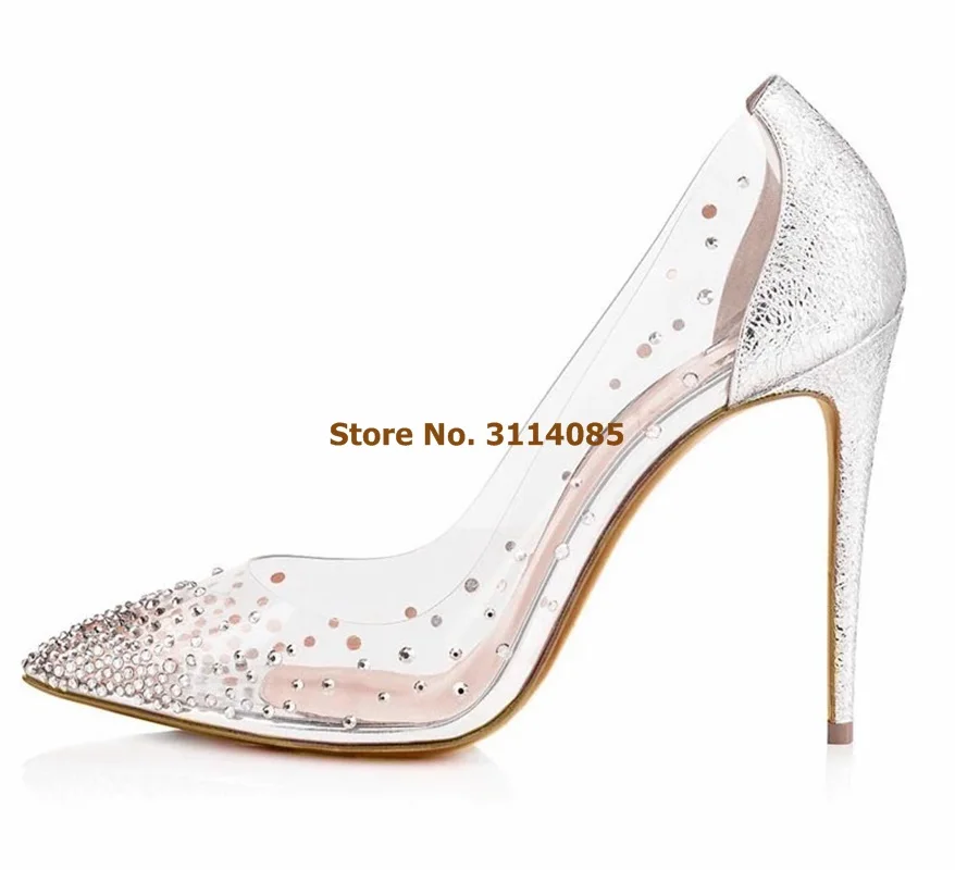 

Women Elegant Bling Bling Crystal Wedding Shoes Nude White Heel Patchwork Dress Pumps Clear PVC Banquet Shoes Glitter Pumps