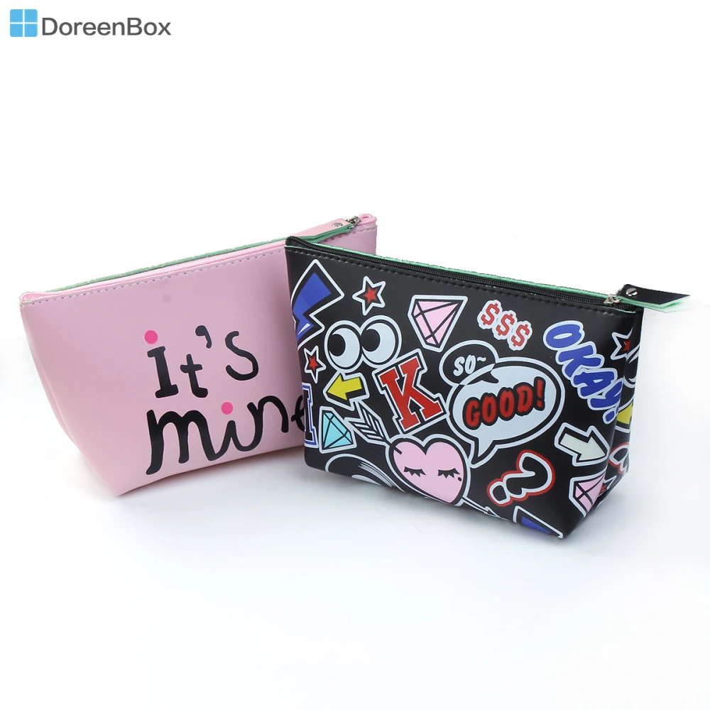 Doreen Box PU Leather Cosmetic Makeup Bags Cosmetic Rectangle Black
