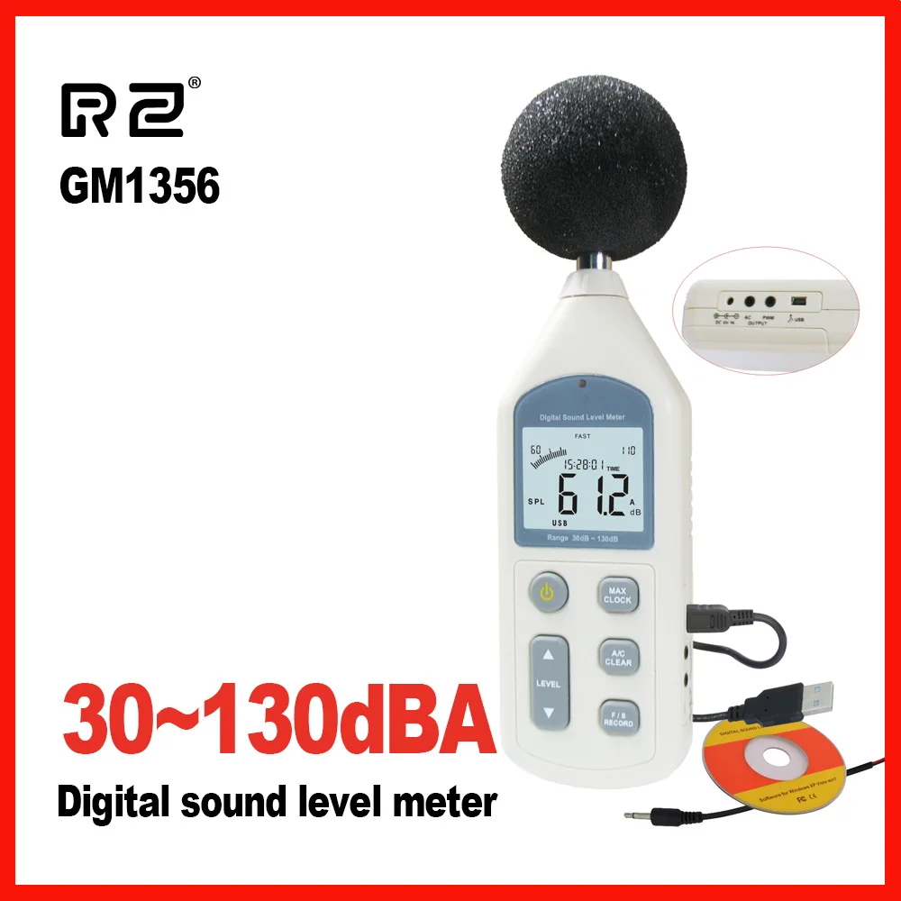 

RZ New Noise Tester Digital Sound Level Meter Meters 30-130dB LCD A/C FAST/SLOW dB screen USB + Software GM1356