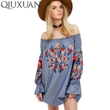 Summer Women Embroidery Dress Long Sleeved Slash Neck Flowers Match Fashion Print Floral New Woman Clothes