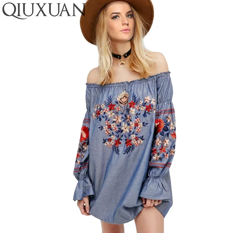 Summer font b Women b font Embroidery font b Dress b font Long Sleeved Slash Neck