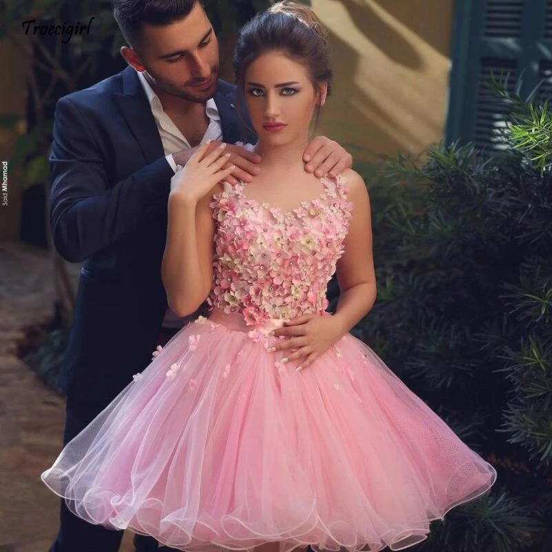 

Hot sale Short Cocktail Dresses Sexy Backless Mini Prom Gowns Pink Tulle Flowers Beads A-line Homecoming Party Dress
