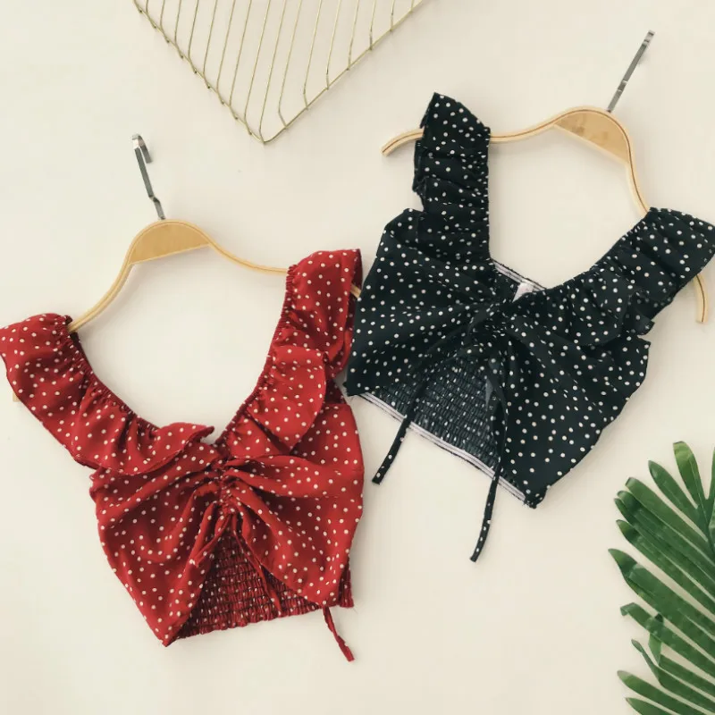

Bohemian V-neck Ruffles Shirt Drawstring Chest Ruffled Polka Dots Slings Blouse Tank Pleated High Waist Elastic Crop Tops Blusas