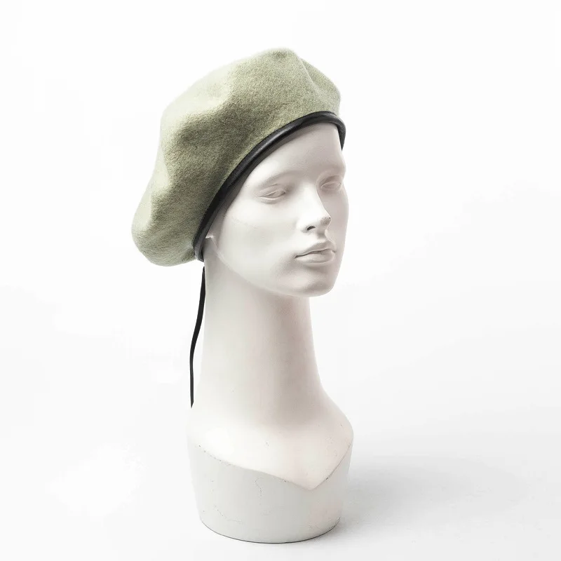 

Autumn and Winter Japanese New Flat Plate Cap PU Leather Tie Adjustable Wool Felt Beret Artist girls beret for women yellow hat