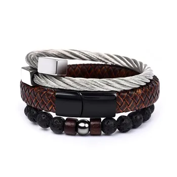 

Jiayiqi Men Bracelet Set Stainless Steel Leather Wrap Bracelet Natural Stone Stand Bracelet Vintage/ Gentlem/leather/fashion