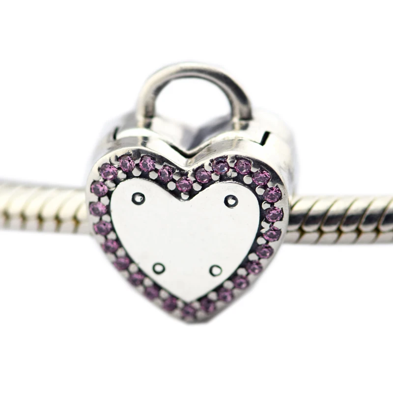 

Authentic S925 Sterling Silver Jewelry Lock Your Promise Clip,Pink CZ Fits DIY Original Bracelet Pendant 2018 Valentine's Gift