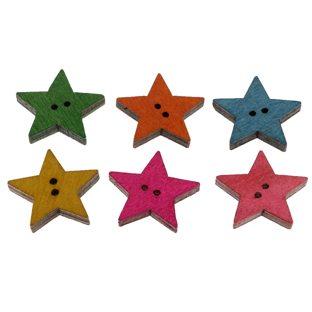 50x Rustic Wood Painted Star 25mm Sewing Wooden Buttons For Clothes Decorative Button Crafts Scrapbooking Card Making Crafting