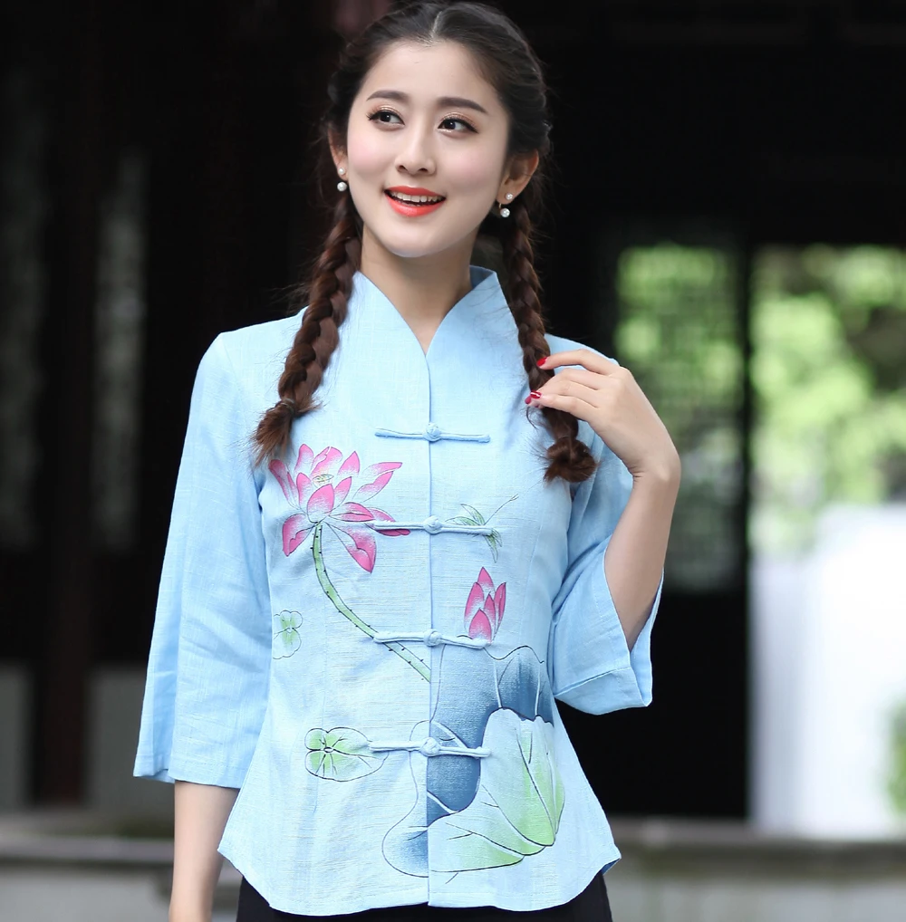 L M Botón Xxl Rojo Casual Xxxl Chinas Xl 2615 Flor Verano Algodón Impresa Red white Tamaño Mujeres Lino Blusa S Vintage Primavera Señora blue Camisa qTOwHqa
