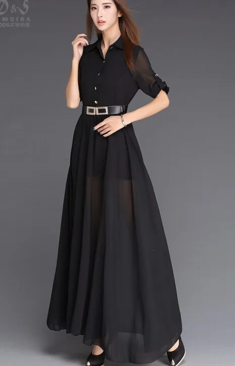Плюс размер Элегантное длинное шифоновое платье с отложным воротником и коротким рукавом чистого цвета