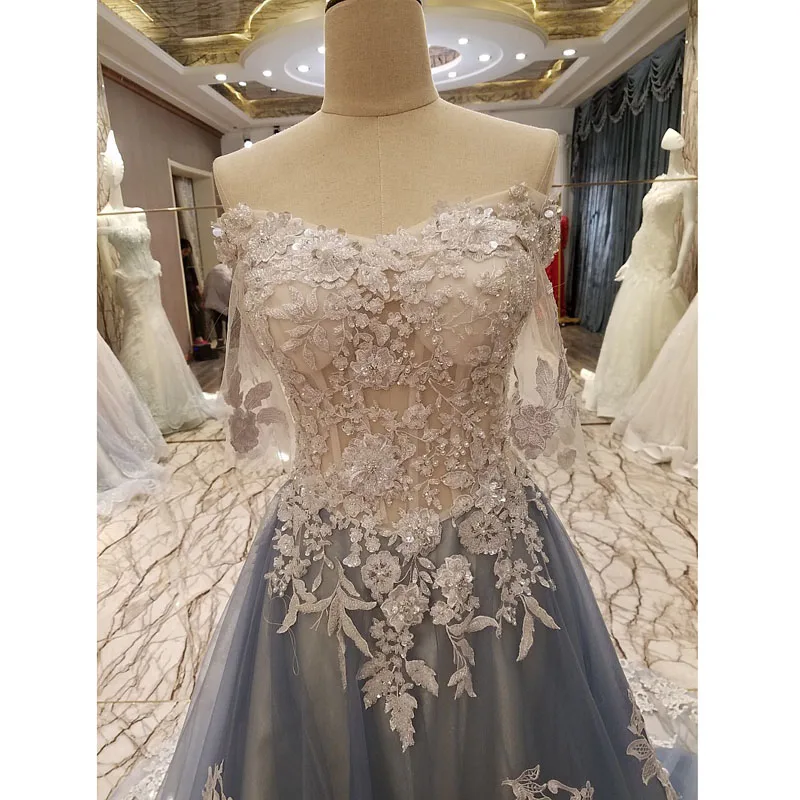 robe de soiree longue Gray Print Floral Appliques Beaded Evening Dresses Long 2017 Off The Shoulder Formal Dresses Evening Gowns