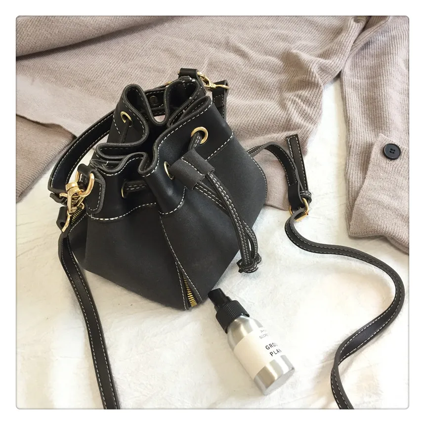 MJ Women Leather Handbags Vintage Suede PU Leather Crossbody Bag Drawstring Bucket Bag Female Small Messenger Bags Korean Style (13)