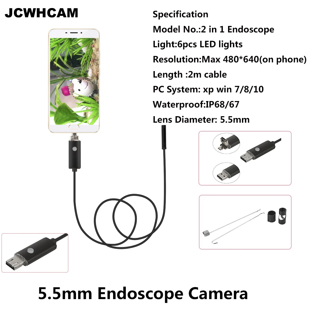 JCWHCAM 5.5MM Lens UVC/OTG USB Endoscope Android Camera IP68 Waterproof