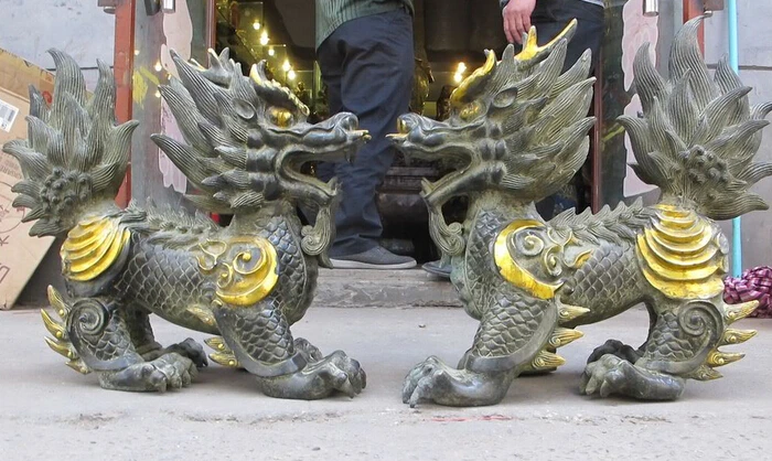 

shitou 002303 19"Fengshui 100% Bronze gilt Chinese dragon Foo Dog Kirin Kylin PAIR statue discount 30% (C0324)